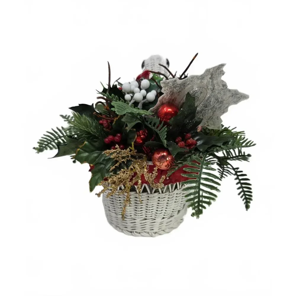 Vintage White Wicker Duck Basket Christmas Floral Centerpiece